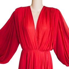 Vintage 80s Red Wayne Clark Long Sheer Sleeve Cocktail Chiffon Dress – 2