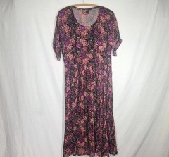 Vtg 90s Black Rose Floral Dress Nostalgia L Rayon Crinkle Crepe Goth Craft Boho