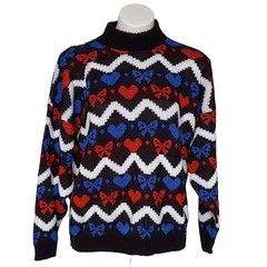 Vintage 1980s Chava! Hearts and Bows Zig Zag Striped Mock Turtleneck Sweater USA