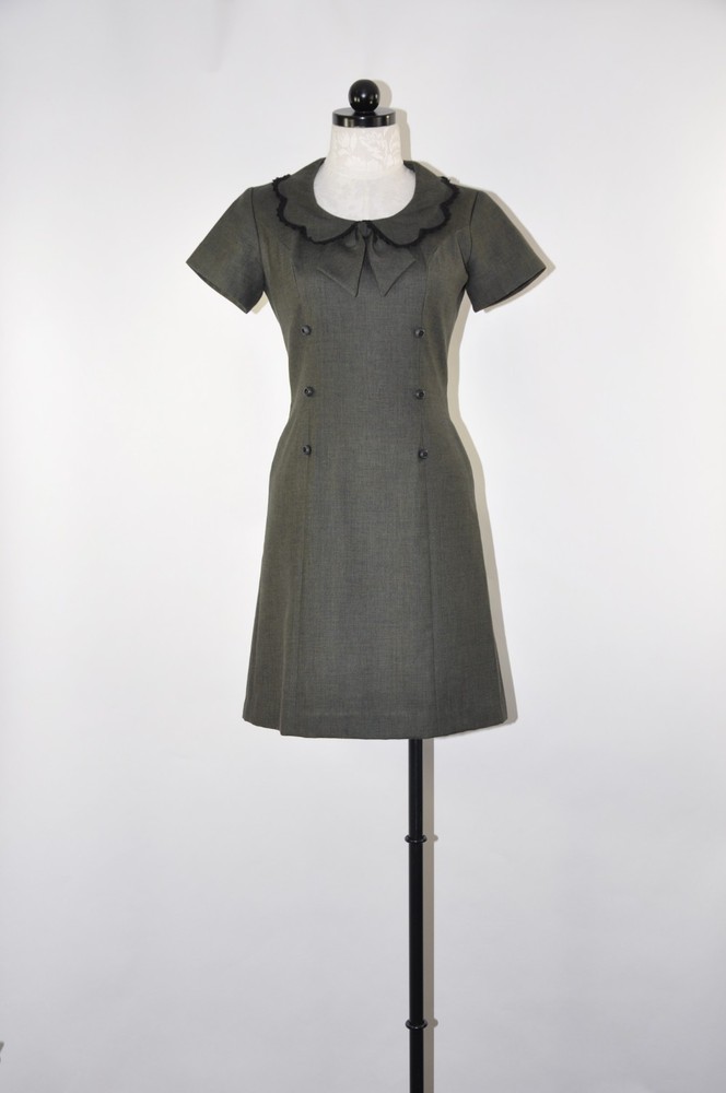 60s Vintage Dark Green Cotton Canvas Scallop Peter Pan Collar Mod Dress Women S