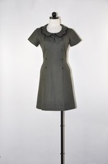 60s Vintage Dark Green Cotton Canvas Scallop Peter Pan Collar Mod Dress Women S
