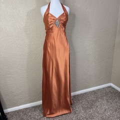 Y2k Burnt Orange Satin Formal Evening Gown Rhinestone Detail & Open Back Size 6