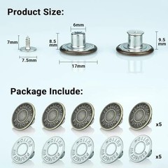 Jeans Button Replacement Screw, Jean Buttons for Loose 17mm 5 Brass + 5 Silver