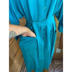 Vintage Silk Shirt Dress Women Size 14 Turquoise Teal Blue Midi Michel Laurent
