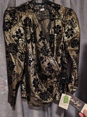 Vintage 80s Disco Gold Black Velvet Puff Sleeve Top Mister Jay Size S with TAGS