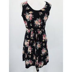 Vintage Starina Floral Cotton Midi Dress Black Rose Cottagecore Nepal Size L