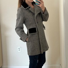 Vintage 60s Mid-Length Velvet Collar Wool-Blend Herringbone Coat