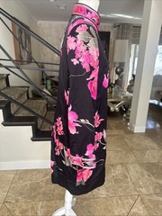 Leonard Of Paris Black Satin Pink Orchids Knee Length Tunic Coat Frog Closure 42