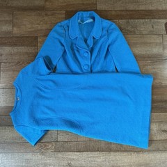 60s VTG Blue Boucle Skirt Suit Set Jacket Shift Dress Textured Mod Size 12 #17E8