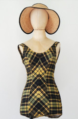 1950s Jantzen One-Piece Plaid Swimsuit; low back w/ adjustable strap length