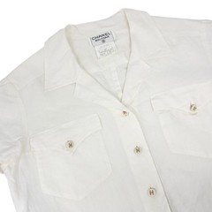 CHANEL Vintage 97P CC Logo Button Linen Shirt Top #40 Short Sleeve White Gold