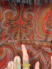 Antique Paisley Tapestry Kashmir Robe or Jacket Red Orange Fringe AS IS