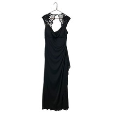 Vintage 90s Y2K Xscape USA Made Black Cap Lace Sleeve Ruched Black Long Dress 14