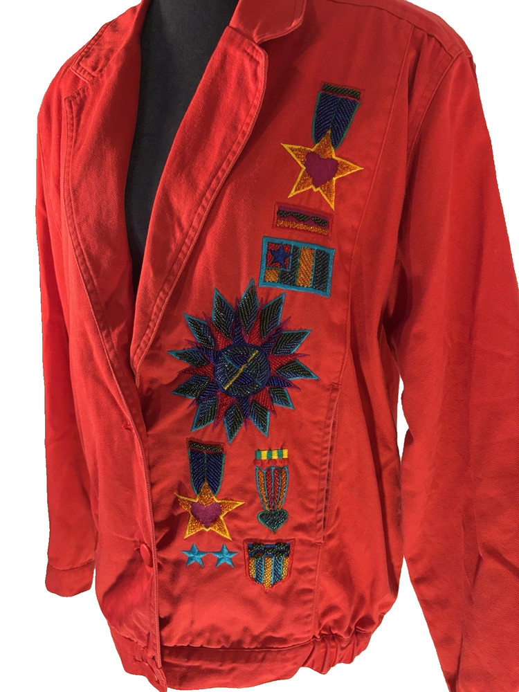 Vtg 90s Jacket Embroidered Heavily Beaded Military Style Medals SZ 6 Maximalist