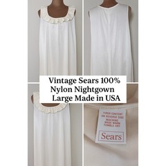 Vintage Sears Nylon Nightgown L 37.5/40.5 Long Ivory Ruffle 1950s Grandmacore