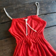 Vintage 1970 Terry Cloth Ultra Mini Dress Red Rope Strap Beach Coverup Tunic Top