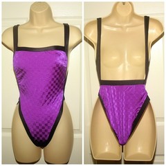 Vintage 80’s 1-Piece Purple & Black Swimsuit XXS Avon Fashions High Cut Leg