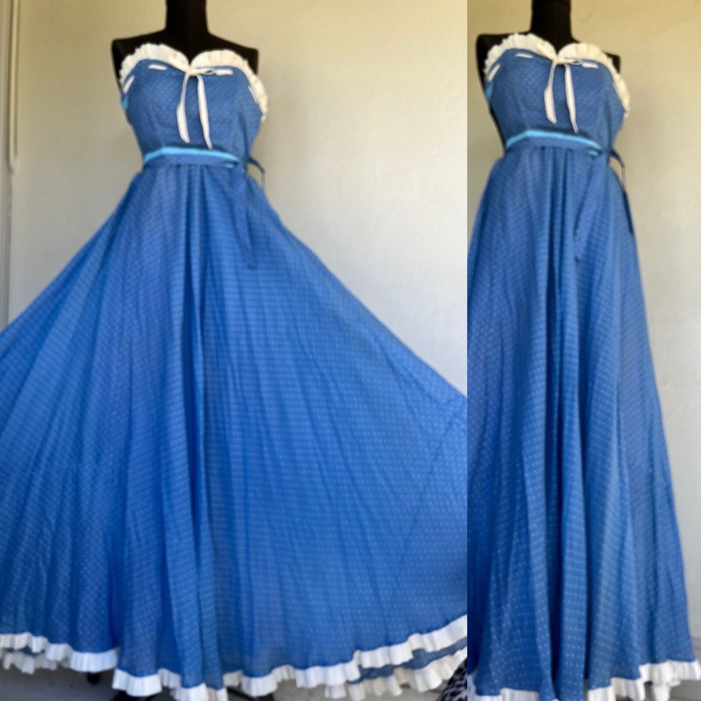 VTG 50s 60’s Turquoise Raise Polka Dots Embroidery Ruffle Full Sweep Gown Prom S