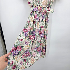 Vtg 80s Cottagecore Floral Lace Collar Midi Dress Size 6P Belted Shoulder Pads