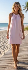 Vintage 70’s Pink Terrycloth Coverup Beach Dress Drawstring Stripe Tie Pockets S