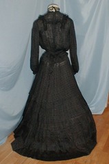 Antique Evening Dress Victorian 1890 Black Dotted Silk Lace Trim