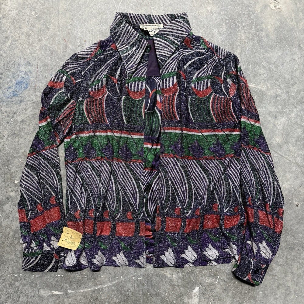 Huey Waltzer For Mannequin NWT VTG 70s Open Blouse Shirt Metallic Print Op Art L