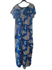 Vintage Ui-Maikai Hawaiian Muumuu Dress Blue White Floral Maxi Loungewear M L