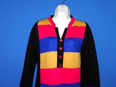 Vintage Tarni S Black Yellow Blue Knit Sweater Dress Color Block Midi Side Slits