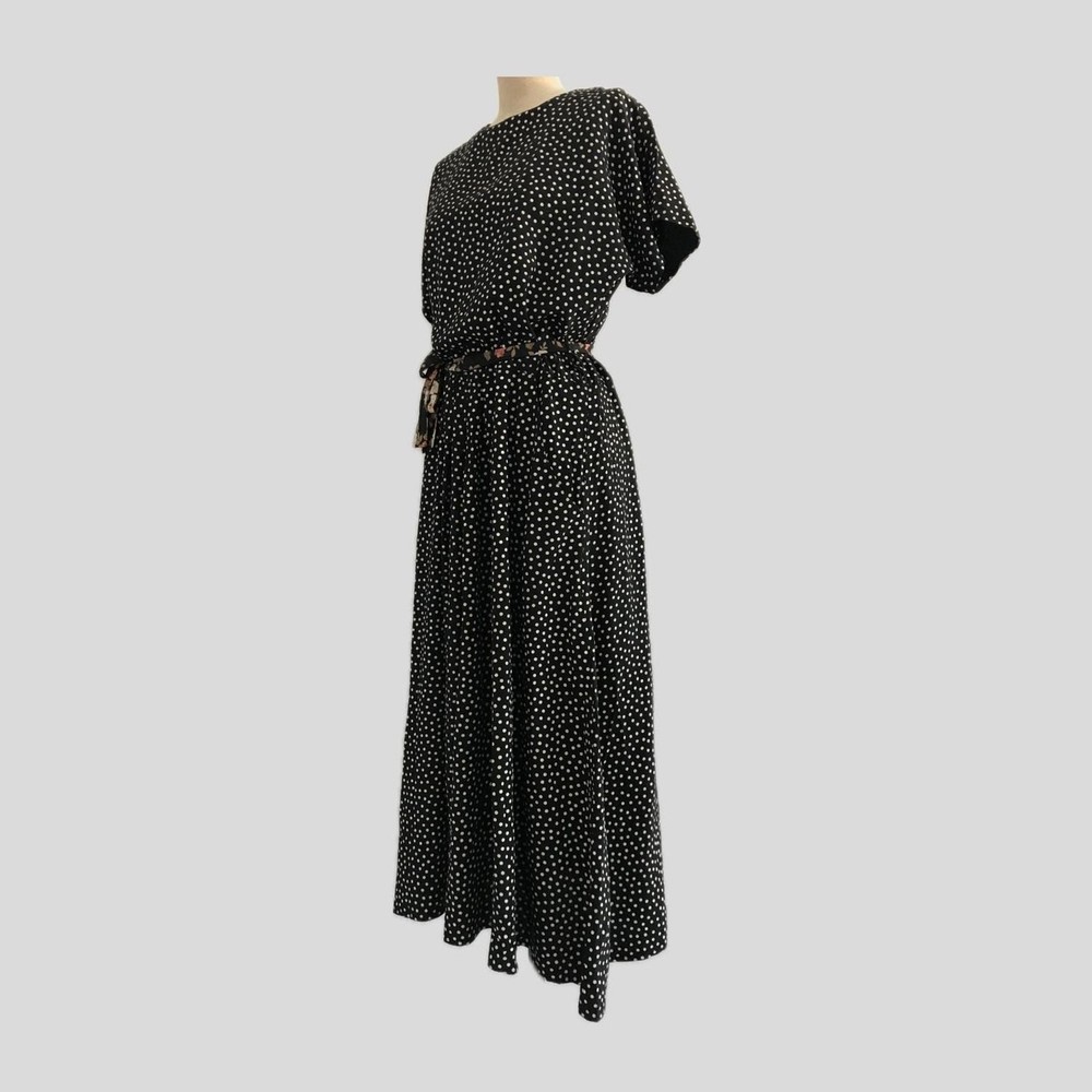 Vintage 1980s Black Polka Dot Pleated Short Sleeve Midi Dress, Womens Size M/L