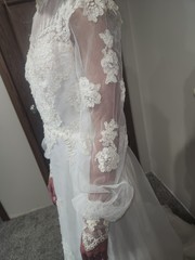 VTG 1970s Beaded Wedding Dress High Neck Illusion Lace Angel Sleeve ILGWU Train