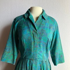 Vintage 1950s Jerry Gilden Turquoise Paisley Short Sleeve Shirtwaist Dress As Is