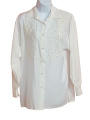 Le Grange Vintage Womens Blouse Size 8 White Embroidered Pearl Beads Long Sleeve