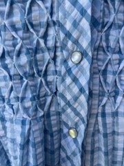 Vintage METROPOLITAN House Dress Robe L XL Blue Plaid Smocked Pearl Snaps EC