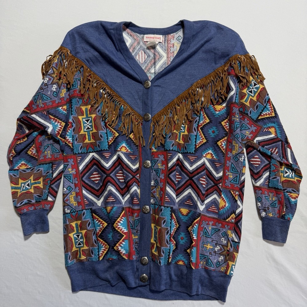 Young Stuff Vintage 80s Southwest Aztec Cardigan Suede Fringe Concho Snaps L