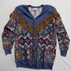 Young Stuff Vintage 80s Southwest Aztec Cardigan Suede Fringe Concho Snaps L