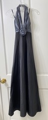Village Set Vintage 100 Silk Halter Gown Black Silver Prom 90s USA Size 8 READ