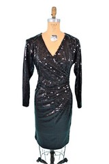 Vintage Black Sequin Dress 80s Surplice Cocktail W 27″