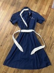 Vintage Classic 70s Dress with Tie and Collar – Navy Blue and White Women’s S