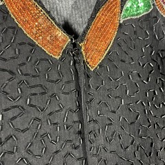 Vintage 80s 100% Silk Stenay Cocktail Dress Teal Black Sequin Beaded Size 14