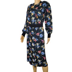 80s Structured Black Multi-Color Lucid Floral Print High Split Wrap Dress SZ XS