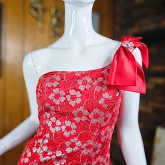 Vtg 80s Eve of Milady One Shoulder Satin Silver Ball Gown Prom Pageant Dress S