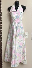 1970s 70s Vintage White Pink Purple Blue Flower Halter Dagger Collar Jumpsuit