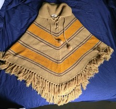 Vintage 1970s Charles & Co Knit Poncho Fringe Pompon – Mustard Yellow Orange -M