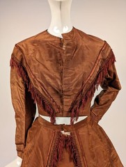 POST CIVIL WAR LATE 1860’S 3 PC BROWN SHINING SILK DRESS W FRINGE