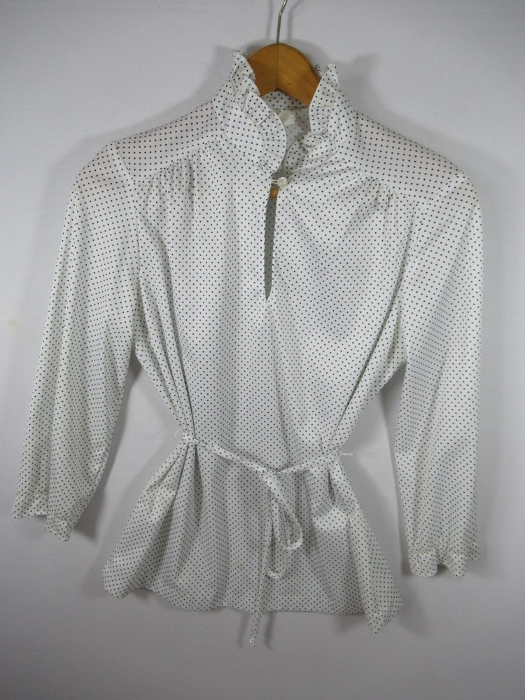 Vintage 70s High Neck Ruffle Belted Blouse Blue/White Polka Dot Polyester