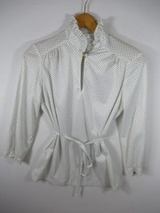 Vintage 70s High Neck Ruffle Belted Blouse Blue/White Polka Dot Polyester