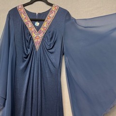 Vintage 70s? Kaftan Maxi Gown V-Neck Angel Sleeve Navy Blue M/L Boho Retro Glam
