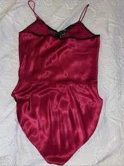 Vintage GLOSSY Woman’s Satin Lace Teddy Bodysuit Romper*FLAW NO SIZE TAG Red