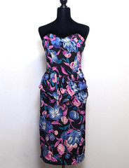 Vtg 80s Nina Piccalino Bold Floral Sweetheart Bust Silky Peplum Wiggle Dress M/L