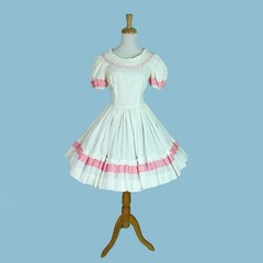 Vintage 70s White Cotton Summer Dress with Pink Trim (Size XS/S)
